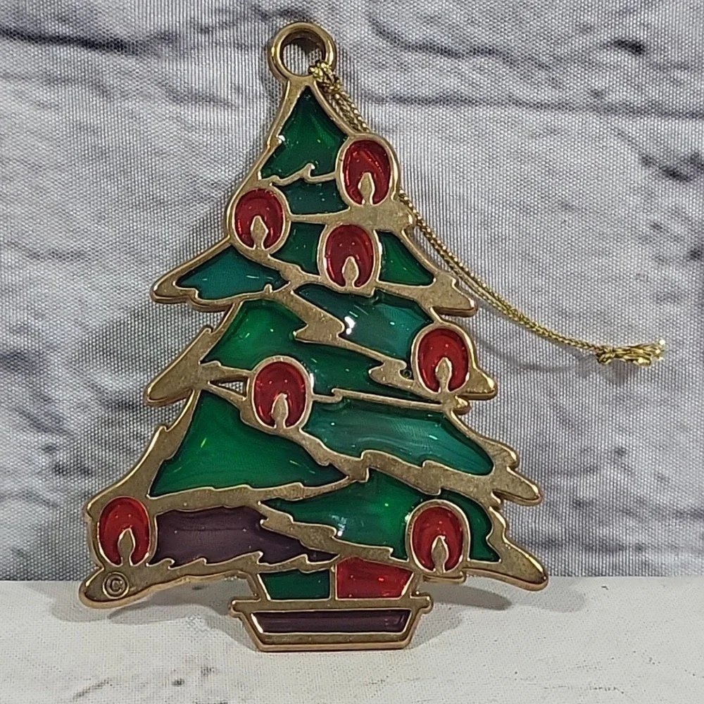 Stained Glass Christmas Tree Holiday Ornament Gold Tone Traditional